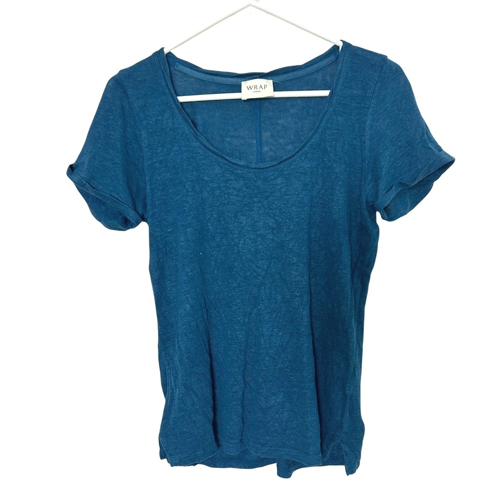 Wrap London Linen Top Women US 8 Teal Blue Short Sleeve Casual Basic sustainable